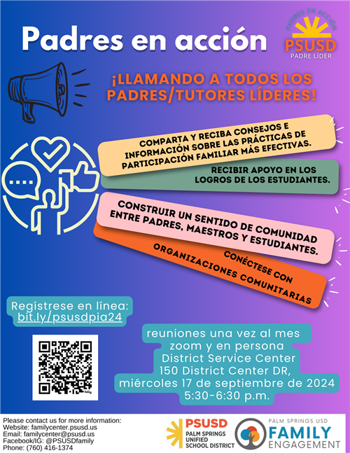 Comparta y reciba consejos e información sobre las prácticas de participación familiar más efectivas. PADRES EN ACCIÓN PSUSD 